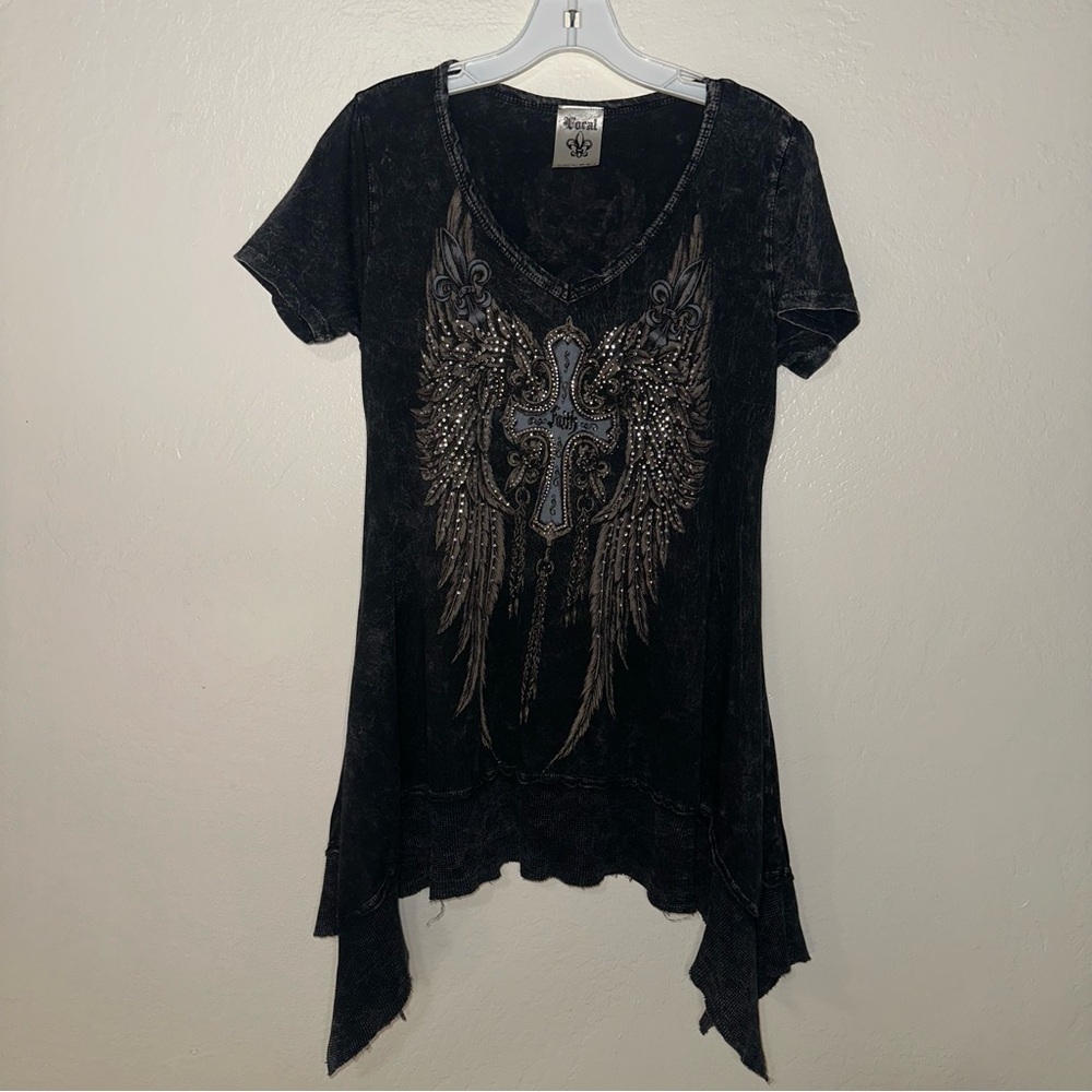 Y2K Grunge Rhinestone Cross Wings Tunic Top Acid Wash Short Sleeve Size Medium - Picture 15 of 15